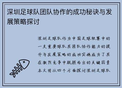 深圳足球队团队协作的成功秘诀与发展策略探讨