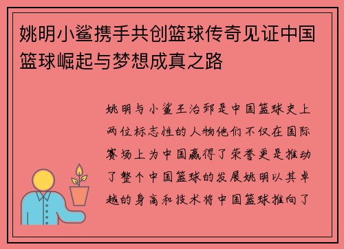 姚明小鲨携手共创篮球传奇见证中国篮球崛起与梦想成真之路